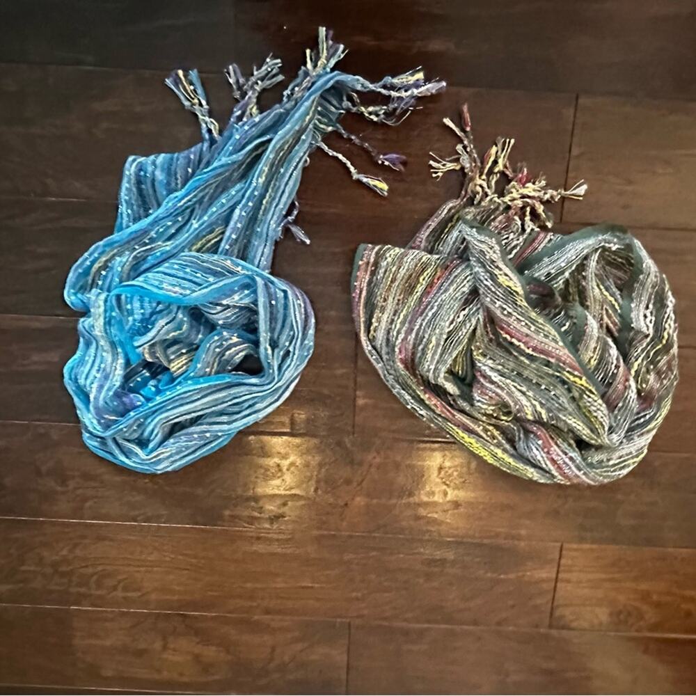 Humble Hilo Multi Color Scarf Set of 2 Blue Green Metallic Tassel Accessory Lot